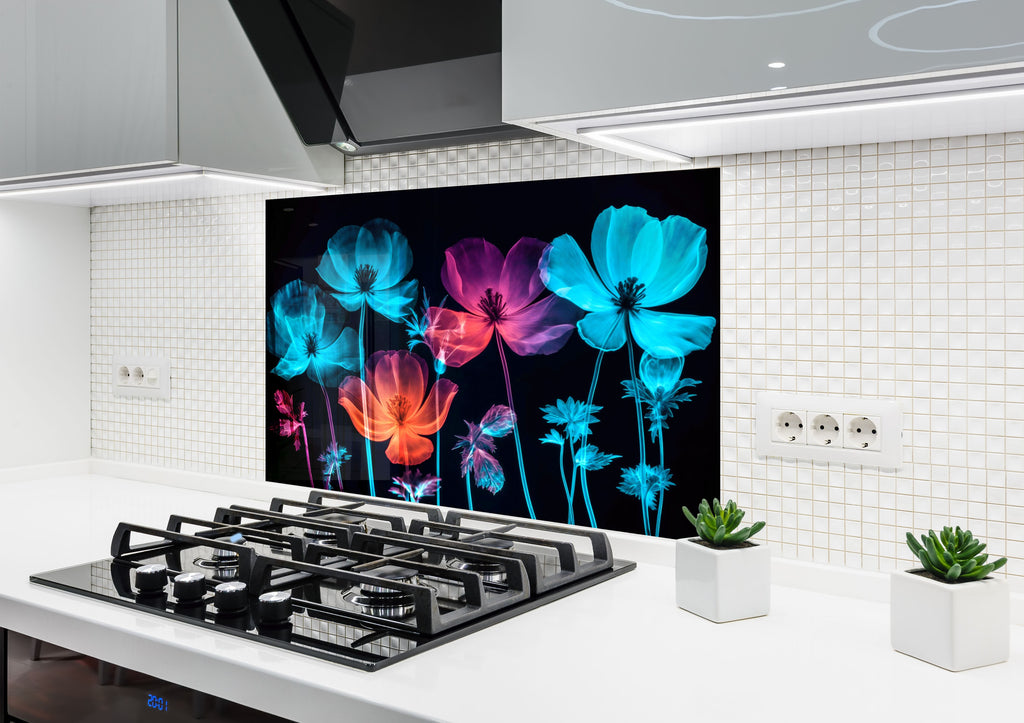 Neon Floral Glow - Glass Kitchen Backsplash-BacksplashArtworks