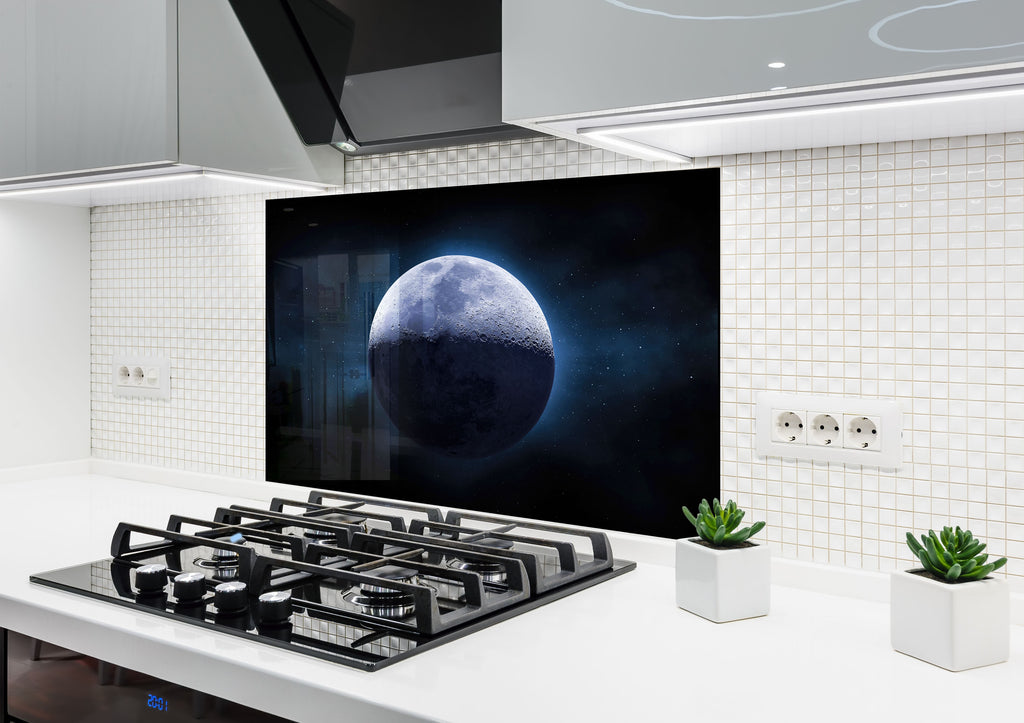 Blue Lunar Glow Wall Art - Tempered Glass Kitchen Backsplash-BacksplashArtworks