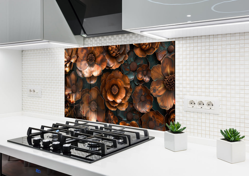 Rustic Metal Floral Art - Glass Kitchen Backsplash-BacksplashArtworks
