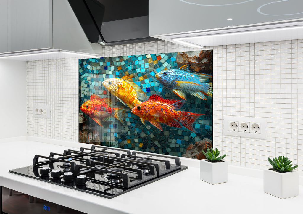 Mosaic-Inspired Glass Kitchen Backsplash with Colorful Fish Design-BacksplashArtworks