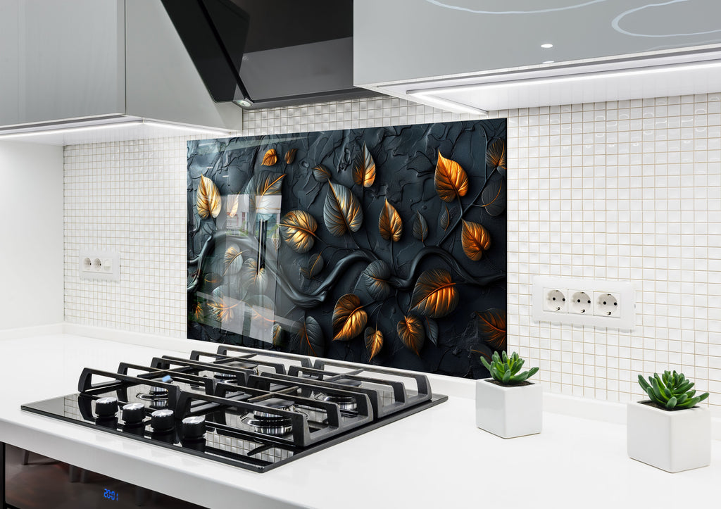 Golden Autumn Leaves - Glass Kitchen Backsplash-BacksplashArtworks