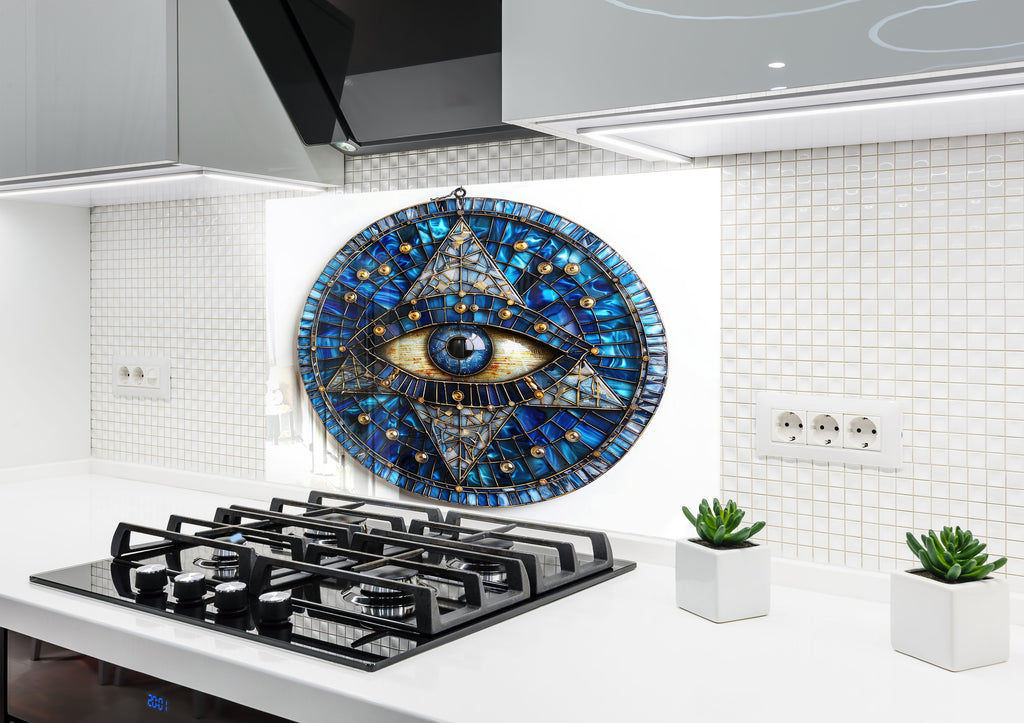 Mosaic Tempered Glass Kitchen Backsplash with Eye of Providence Design-BacksplashArtworks