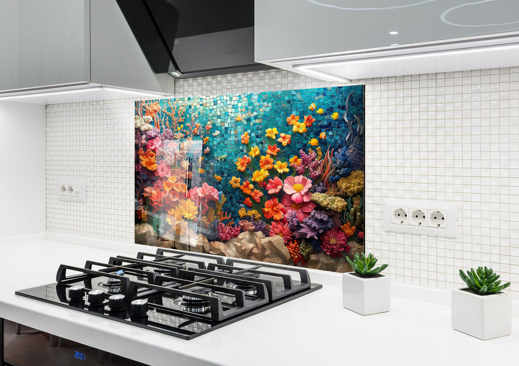 Mosaic-Inspired Tempered Glass Kitchen Backsplash with Colorful Coral Reef Design-BacksplashArtworks