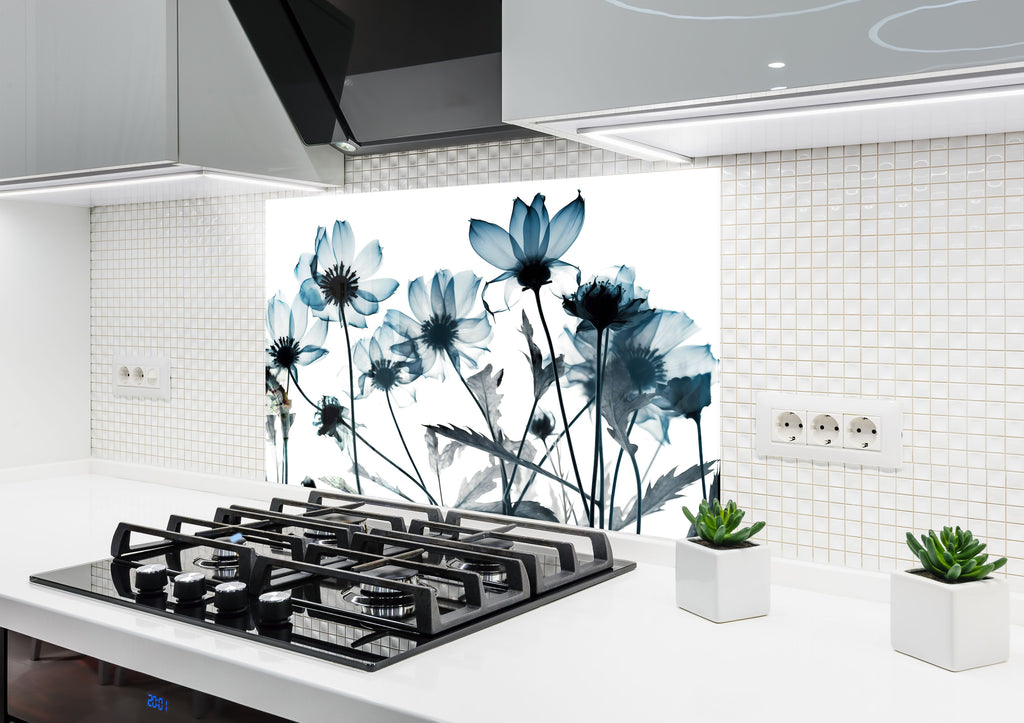 Monochrome Wildflower Elegance - Glass Kitchen Backsplash-BacksplashArtworks