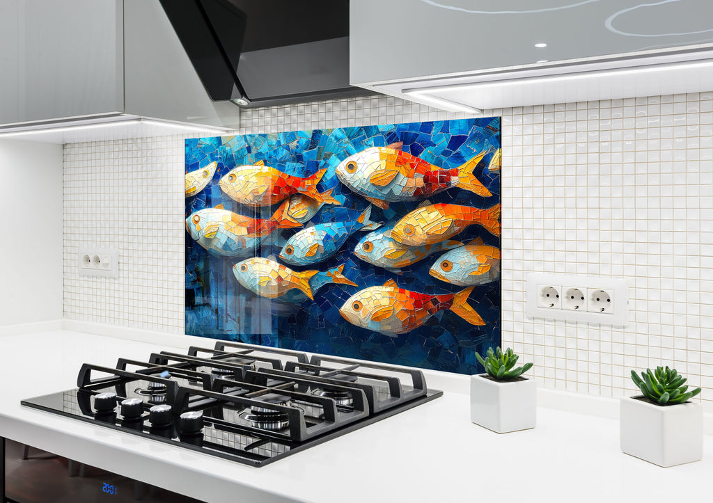 Mosaic-Inspired Tempered Glass Kitchen Backsplash with Colorful Fish Design-BacksplashArtworks
