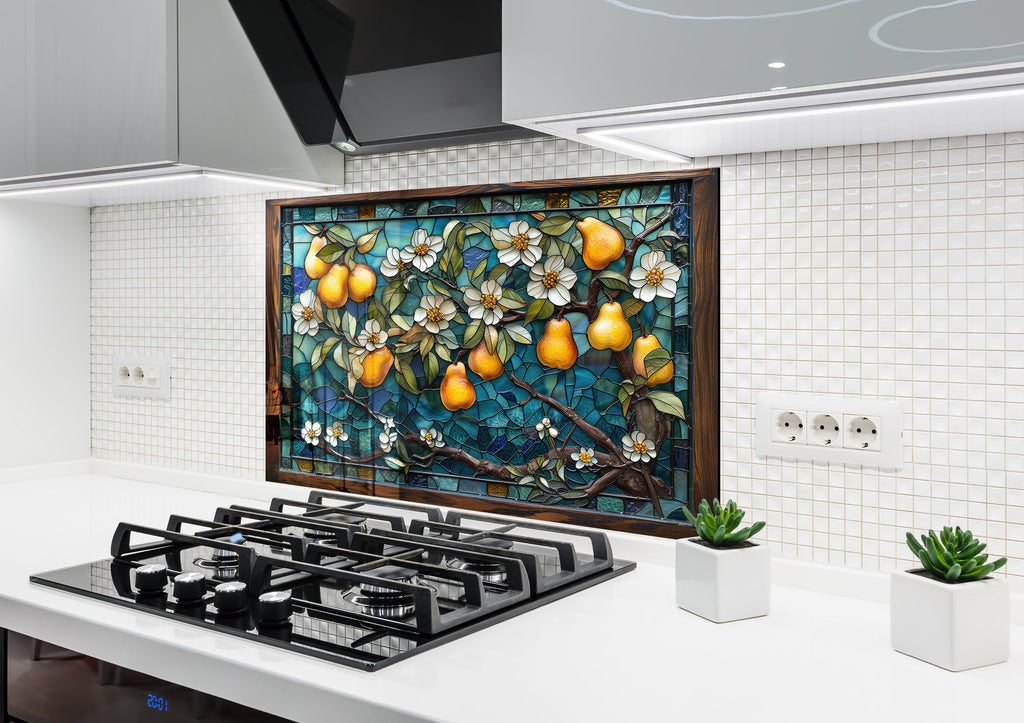 Golden Pear Stained Glass - Glass Kitchen Backsplash-BacksplashArtworks
