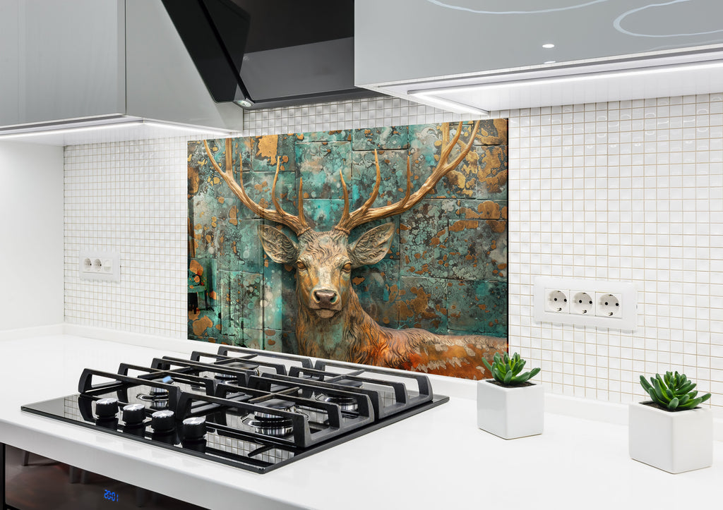 Noble Deer & Aged Copper Elegance - Glass Kitchen Backsplash-BacksplashArtworks