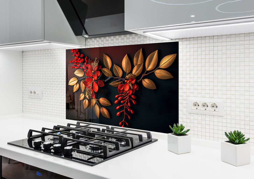 Golden Scarlet Bloom - Glass Kitchen Backsplash-BacksplashArtworks