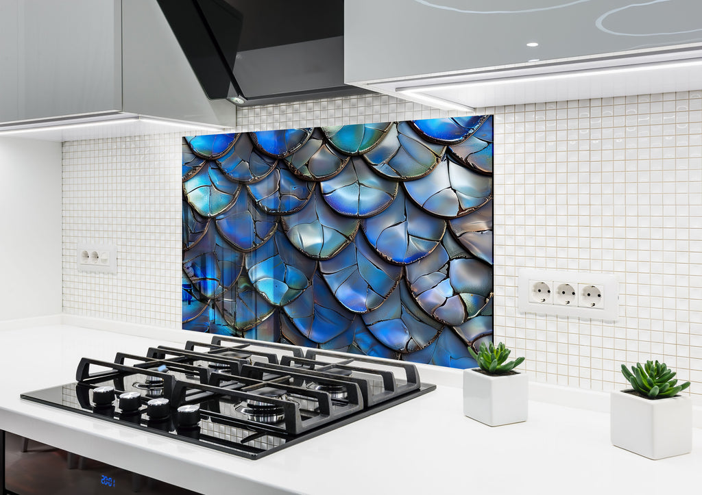 Iridescent Blue Dragon Scale - Glass Kitchen Backsplash-BacksplashArtworks