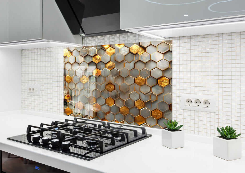 Golden Hexagon - Glass Kitchen Backsplash-BacksplashArtworks