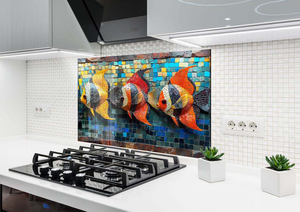 Mosaic-Inspired Glass Kitchen Backsplash with Colored Fish Design-BacksplashArtworks