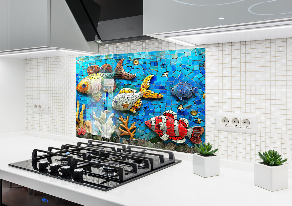 Mosaic Tempered Glass Kitchen Backsplash with Colorful Fish and Coral Design-BacksplashArtworks