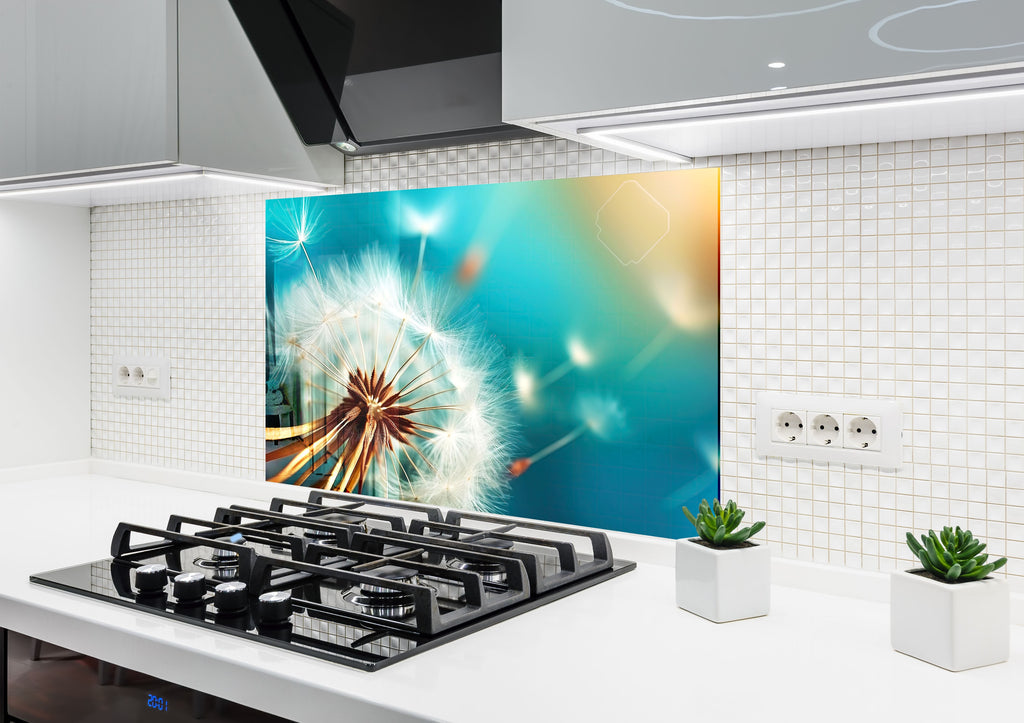 Golden Dandelion Breeze - Glass Kitchen Backsplash-BacksplashArtworks