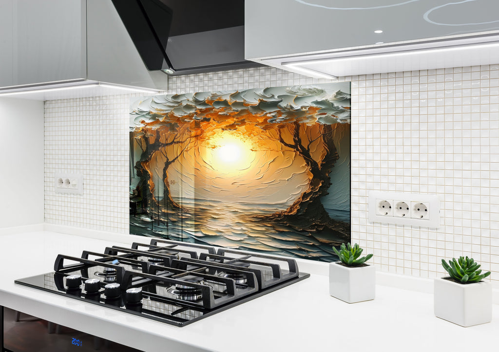 Golden Sunrise Serenity Wall Art - Tempered Glass Kitchen Backsplash-BacksplashArtworks