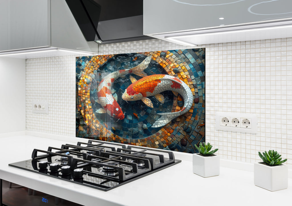 Mosaic-Inspired Glass Kitchen Backsplash with Koi Fish Design-BacksplashArtworks