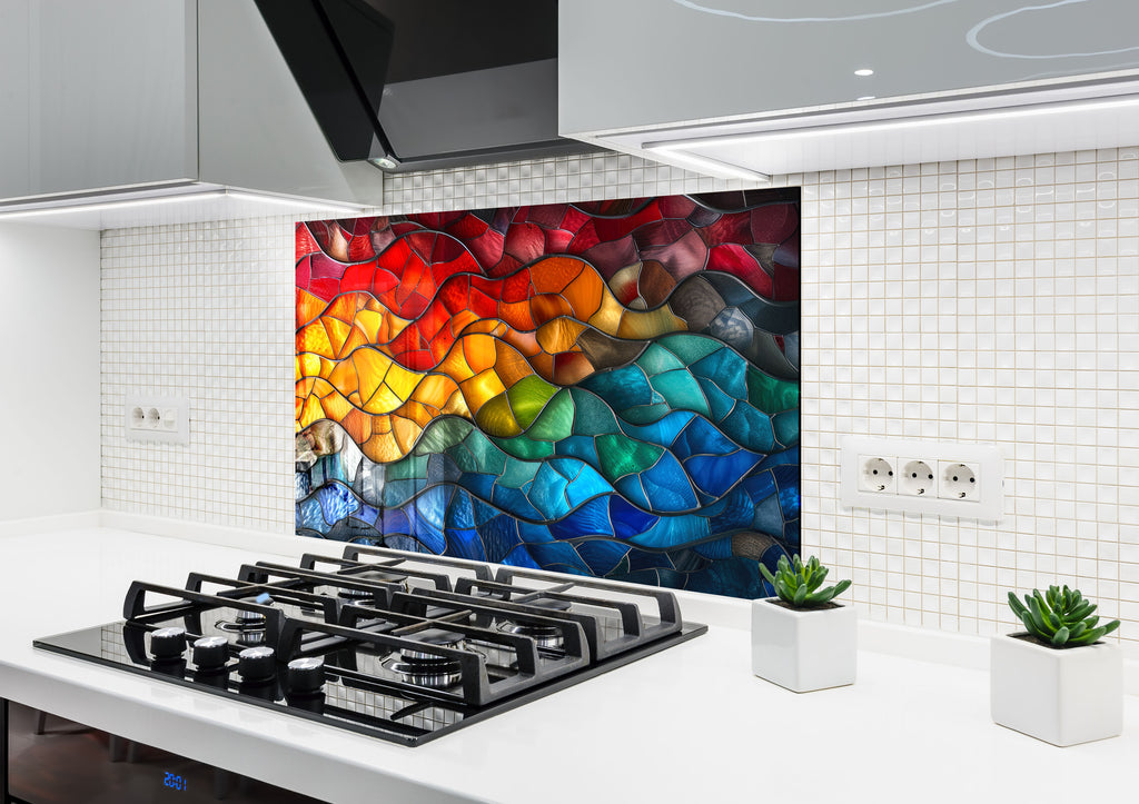 Rainbow Waves Stained - Glass Kitchen Backsplash-BacksplashArtworks