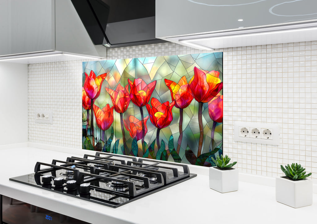 Stained Glass Tulips - Glass Kitchen Backsplash-BacksplashArtworks