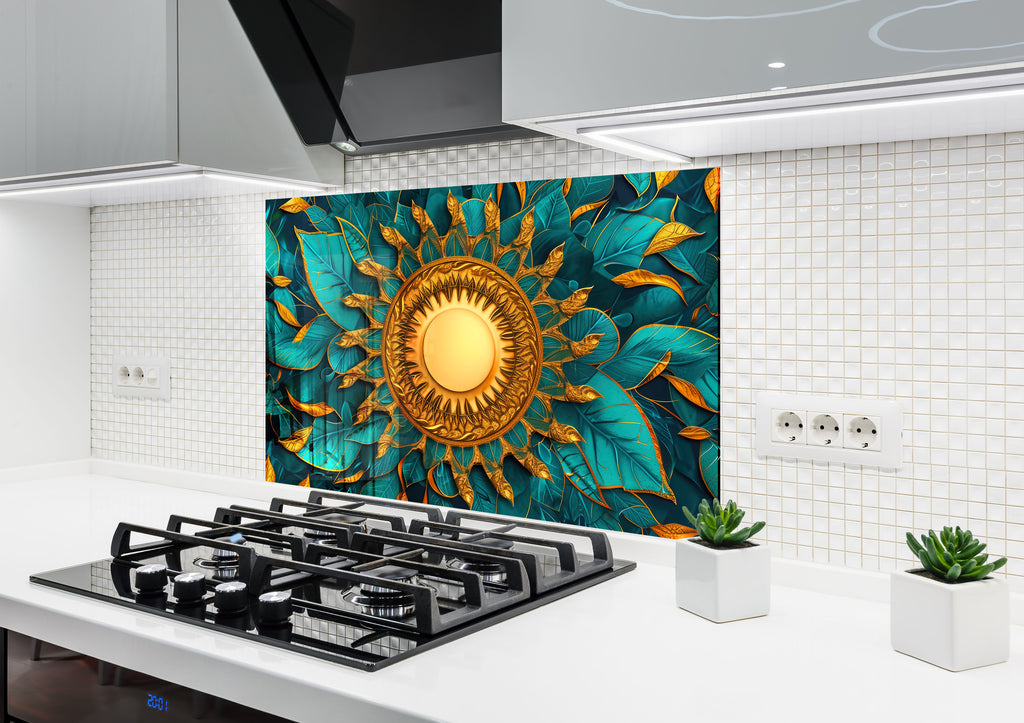 Golden Sun Mandala - Glass Kitchen Backsplash-BacksplashArtworks