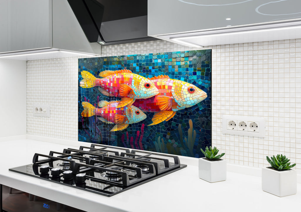 Mosaic-Inspired Tempered Glass Kitchen Backsplash with Colorful Fish Design-BacksplashArtworks