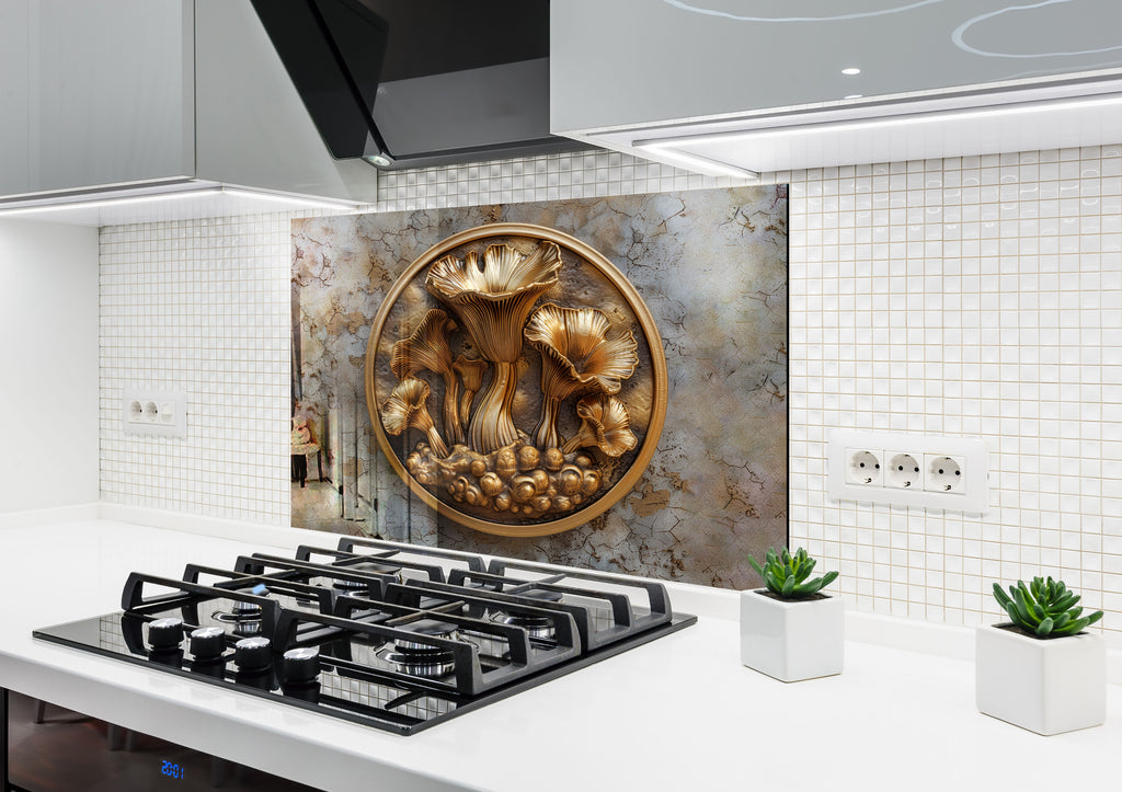 Golden Mushroom Carving - Glass Kitchen Backsplash-BacksplashArtworks
