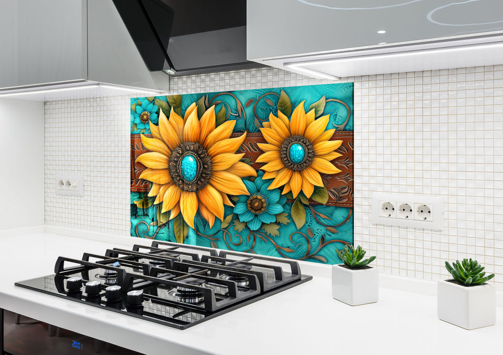 Turquoise Sunflower Radiance - Glass Kitchen Backsplash-BacksplashArtworks
