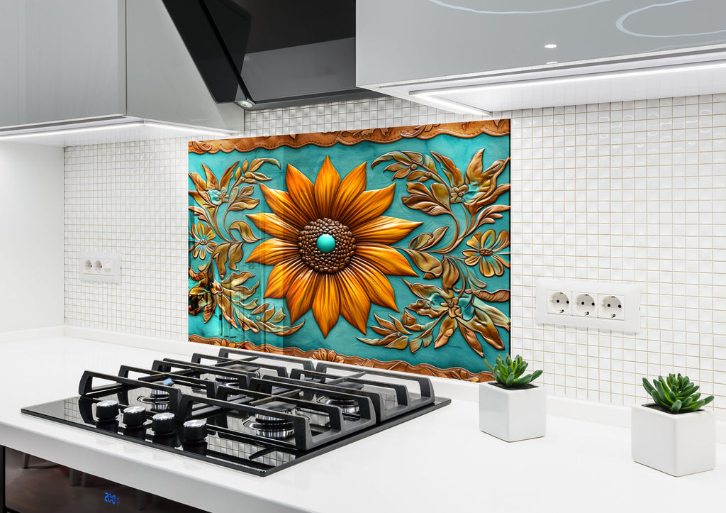 Rustic Sunflower Bloom - Glass Kitchen Backsplash-BacksplashArtworks
