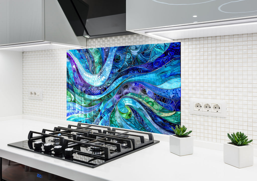 Blue Ocean Waves - Glass Kitchen Backsplash-BacksplashArtworks