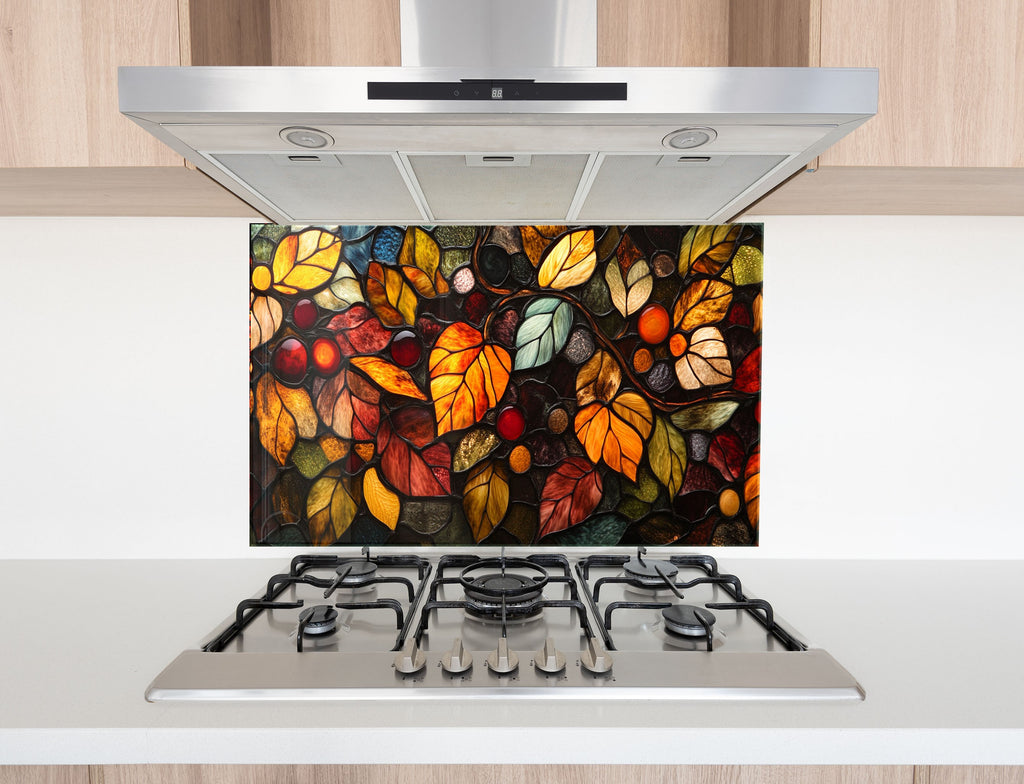 Handcrafted look fall leaf glass backsplash – colorful warmth for modern kitchens.

