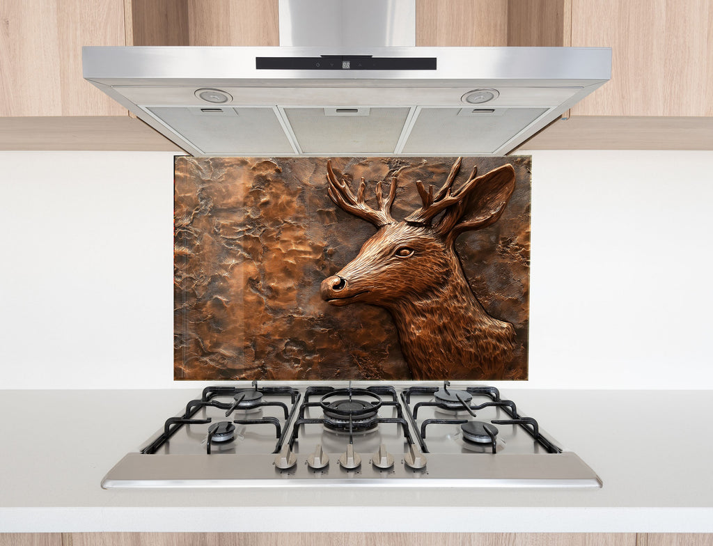 Bronze deer head glass kitchen backsplash for rustic and lodge-style interiors.

