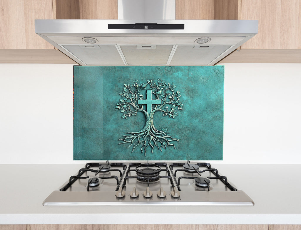 Elegant Christian-themed glass kitchen backsplash with spiritual tree and rooted cross.

