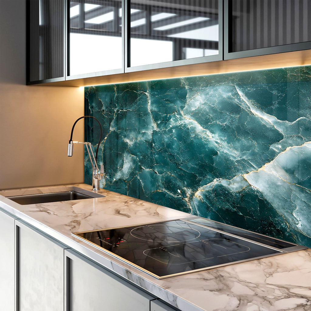 Polished emerald marble glass backsplash with golden cracks – perfect for chic kitchen spaces.

