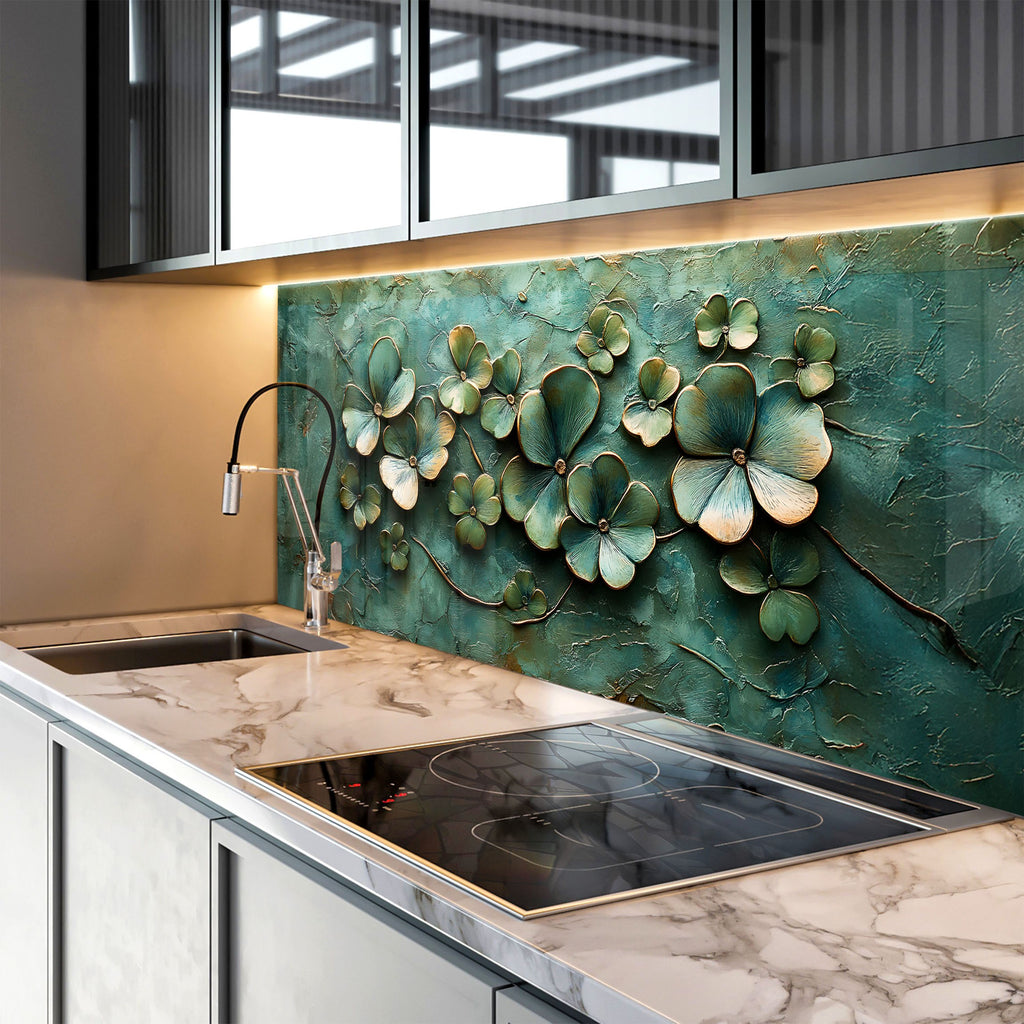 Floral embossed glass backsplash with soft green hues and gilded highlights – a kitchen showpiece.

