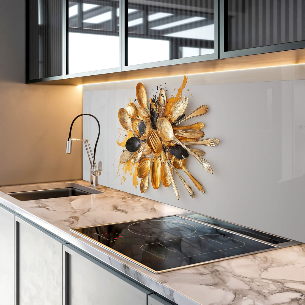 Bold gold and black utensil art backsplash for kitchens – dynamic and unforgettable design.

