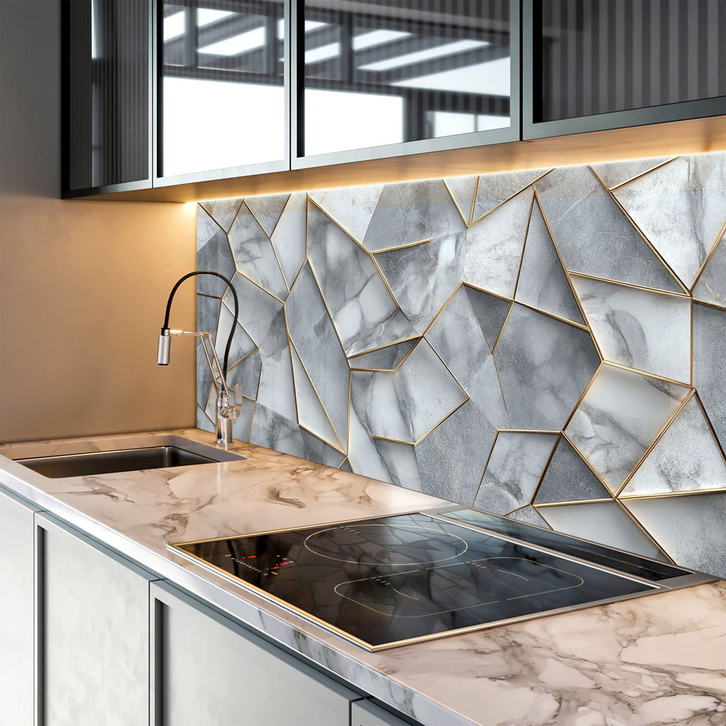 Gold-accented abstract marble glass kitchen backsplash – bold design for modern interiors.


