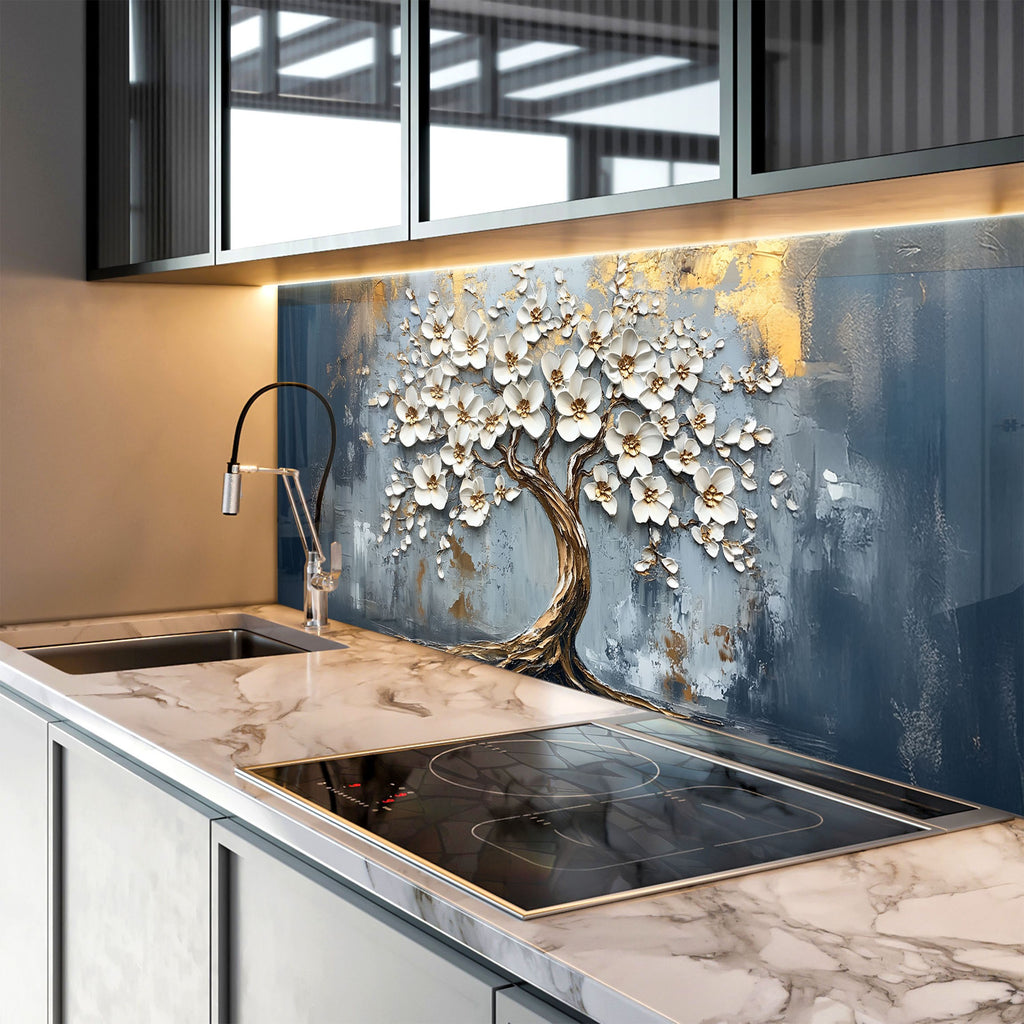 Artistic glass kitchen backsplash with sculpted magnolia flowers and golden textures.

