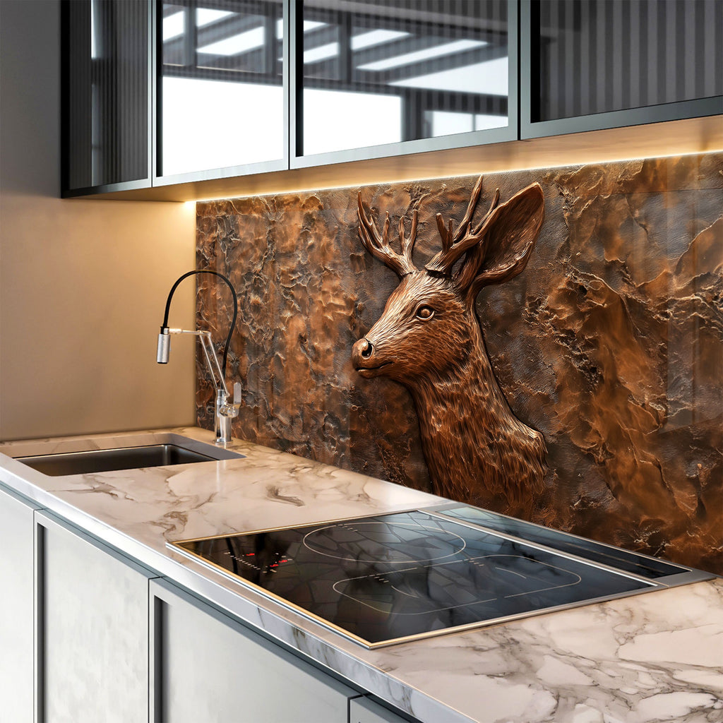 Bold and masculine kitchen backsplash glass with realistic bronze deer detail.

