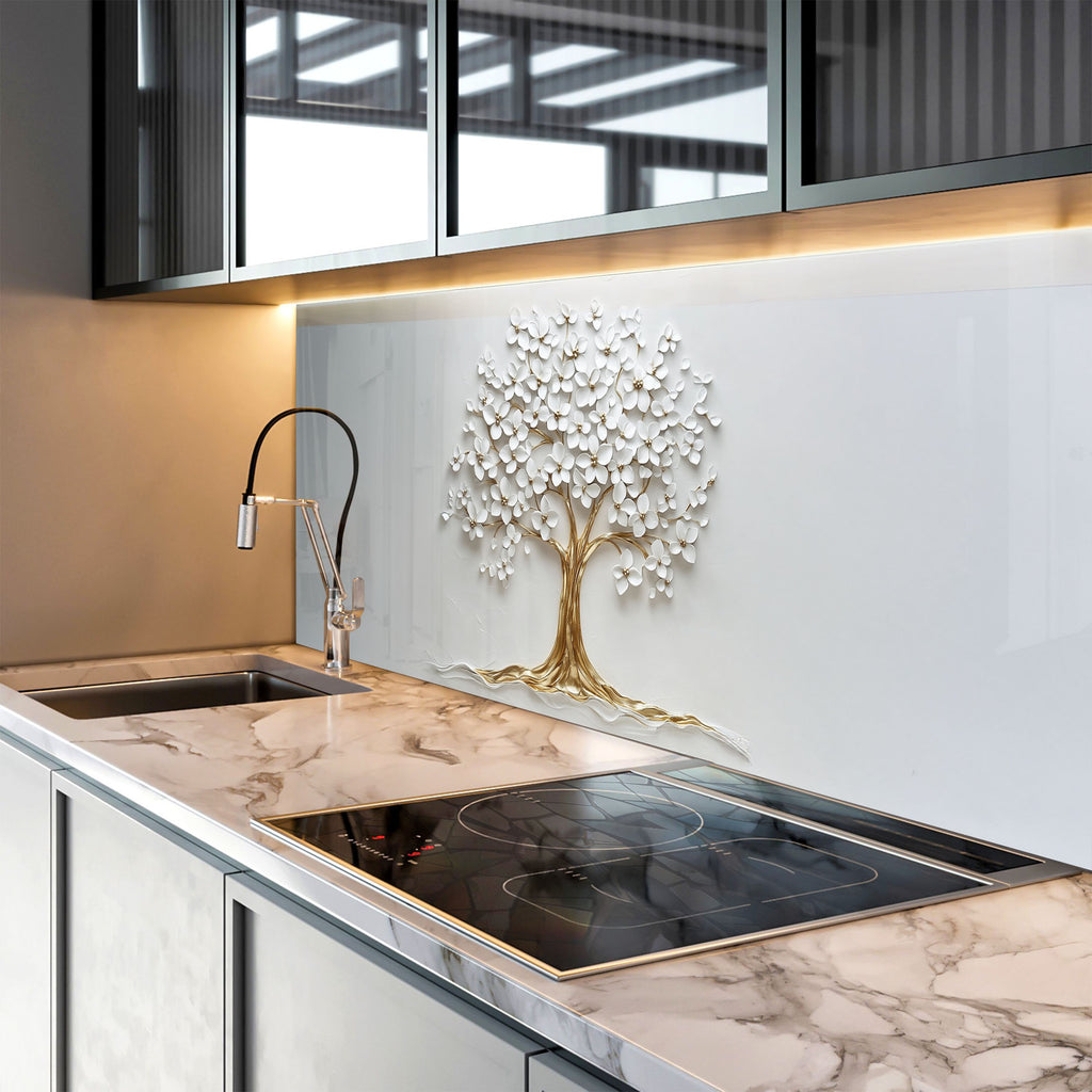 Contemporary floral kitchen backsplash in glass with gold-accented white blossoms.

