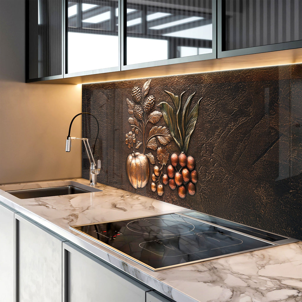 Warm-toned glass backsplash with raised fruit design – a traditional kitchen centerpiece.


