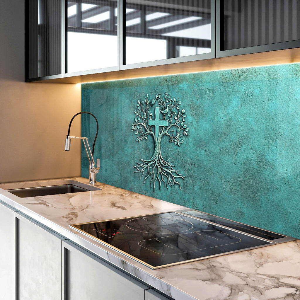 Cross and tree design in turquoise textured glass backsplash – meaningful kitchen décor.


