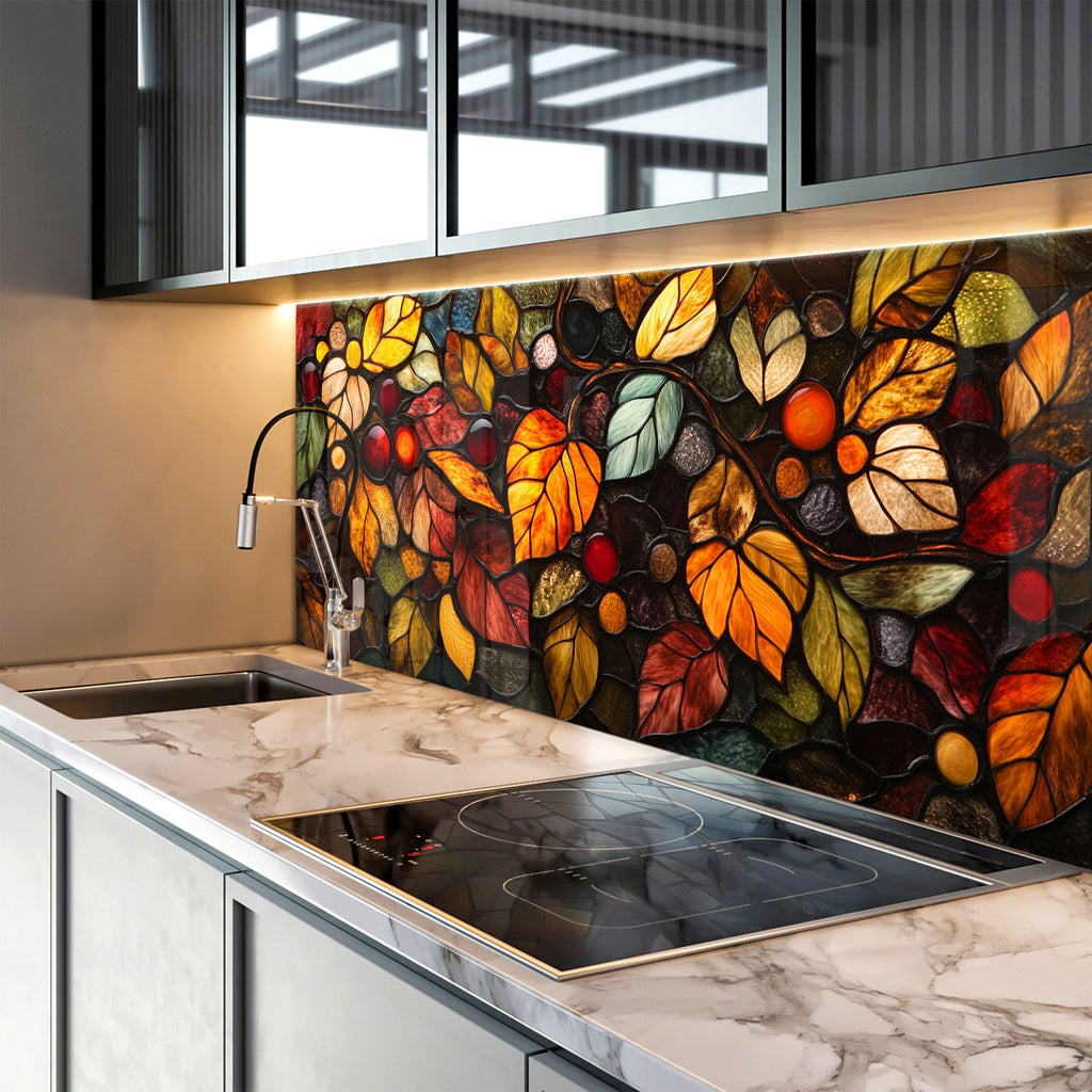 Artistic stained glass backsplash with golden orange fall leaves – perfect kitchen accent.

