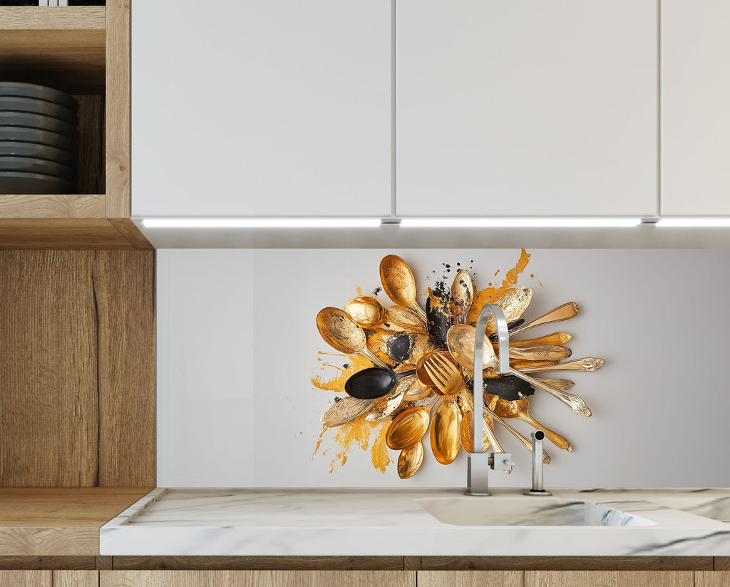 Eye-catching artistic spoon pattern on glossy glass backsplash – luxury meets function.

