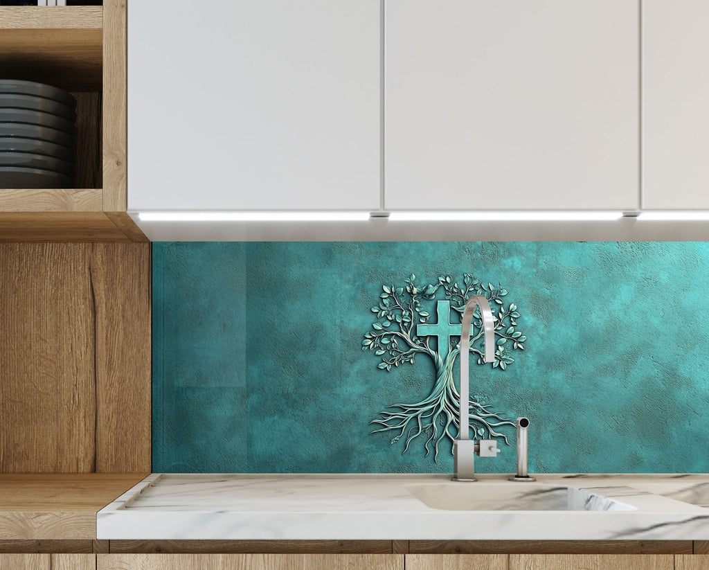 Religious kitchen glass backsplash with embossed tree and cross – serene and symbolic.

