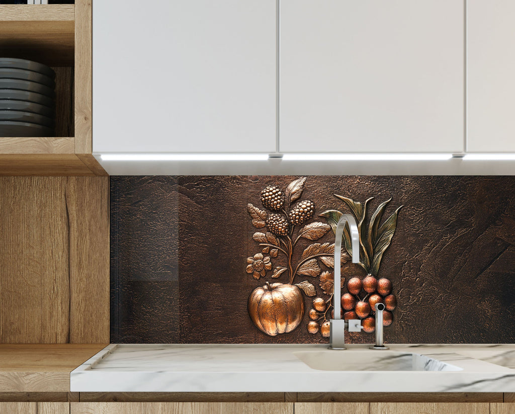 Sculpted fruit artwork on brown textured glass backsplash – refined country-style charm.

