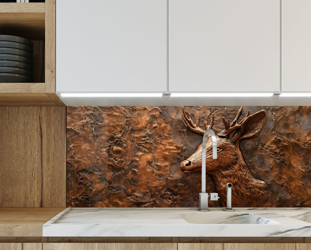 Artistic nature-themed glass backsplash with embossed antlered deer design.

