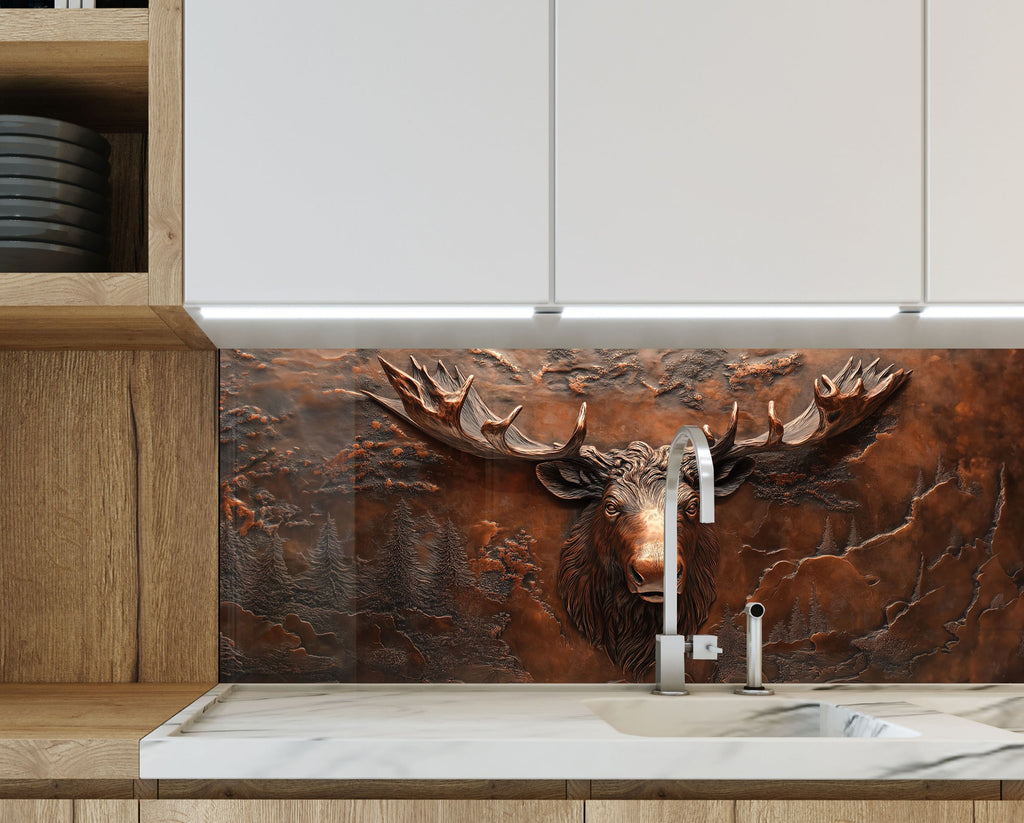 Wild forest-themed glass backsplash with textured elk head design in copper tones.

