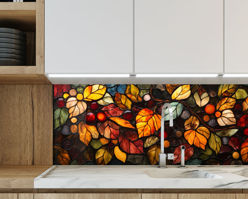 Autumn leaves stained glass kitchen backsplash with rich fall colors – cozy and artistic.

