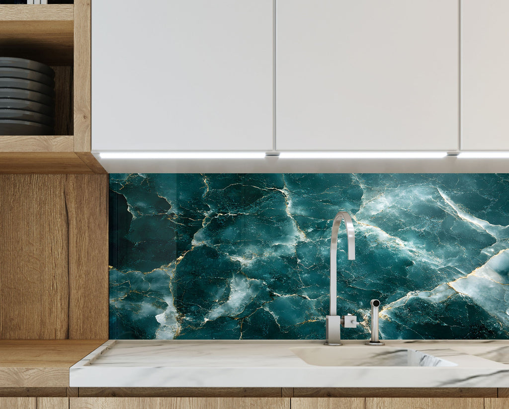 High-contrast green and gold marble glass kitchen backsplash – dramatic and stylish.

