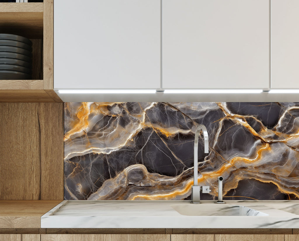 Sophisticated smoky black backsplash glass layered with fiery golden streaks.

