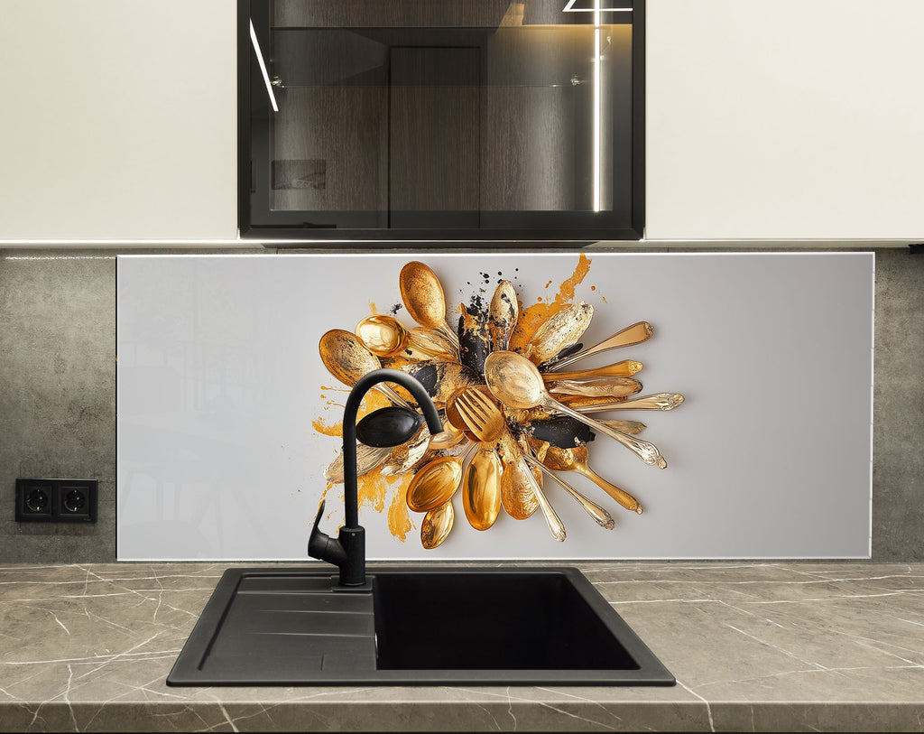 Gold and silver spoon splash design on glass backsplash – for creative kitchen flair.

