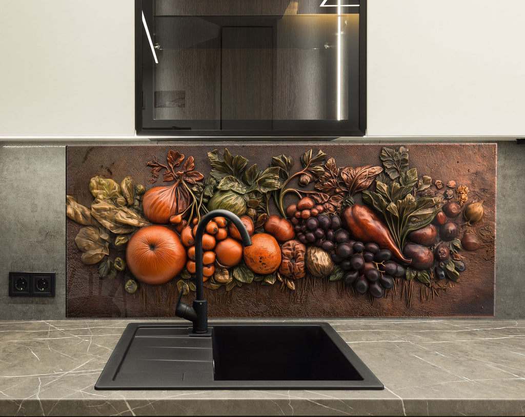 Artistic vegetable motif glass kitchen backsplash with warm bronze texture.

